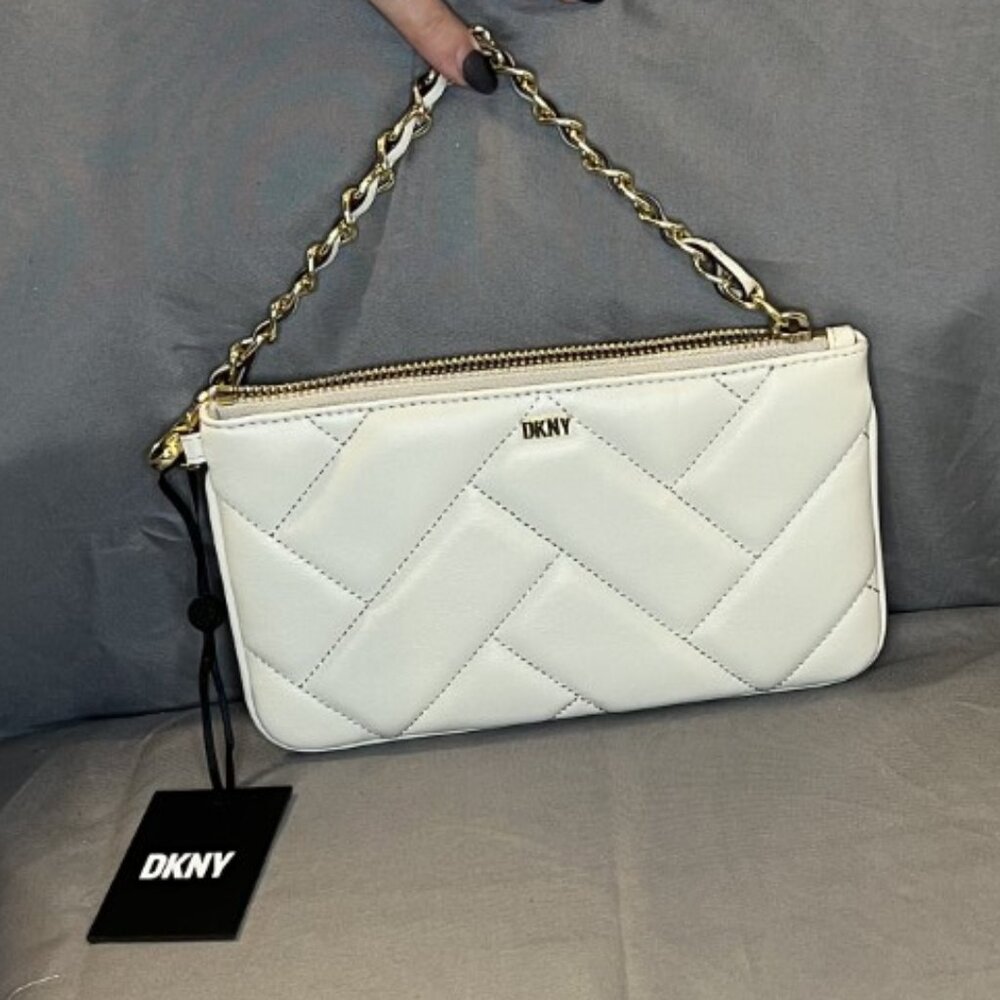 Cream White Leather Lamb Quilted Chain Wristlet, Sidney, DKNY, Color: Pebble NWT - Picture 2 of 8